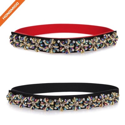 Women's Long Rhinestone Floral Thin Belts Interlocking Beaded Waist Belt