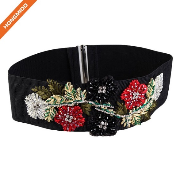 Retro Braided Flowers Design Beaded Women Stretch Obi Waist Belts