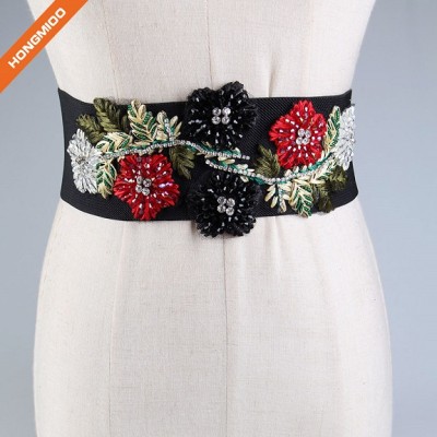 Retro Braided Flowers Design Beaded Women Stretch Obi Waist Belts