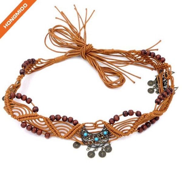 Women Dress Accessory Braided Wax Rope Wooden Bead Belts Simple Cinch Beaded Belt