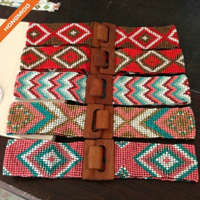 Handmade Four Different Styles Wooden Beaded Belts With Big Wooden Buckles