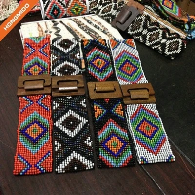 Martinique Style Pure Wooden Beaded Belts Women Wide Customized Elastic Stretch Belt