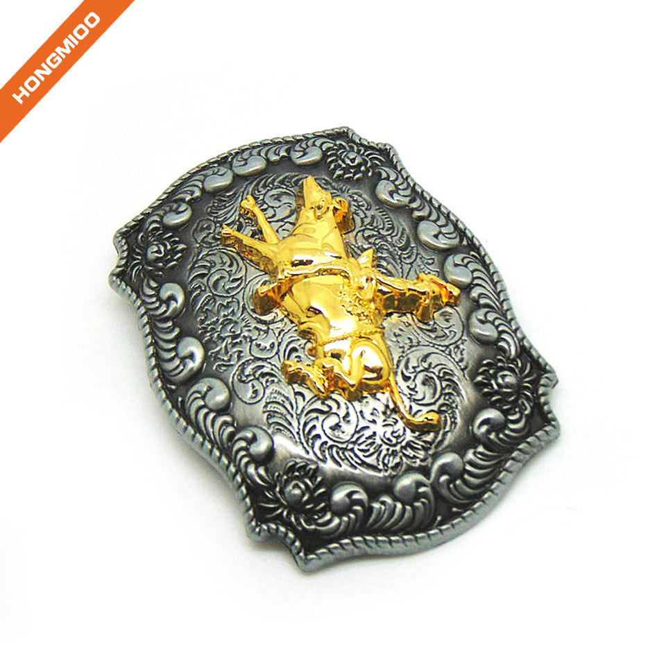 Golden Embossed Cowfight Western Belt Buckle side