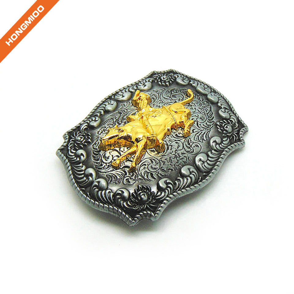 Golden Embossed Cowfight Western Belt Buckle detail