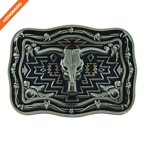 Western Metal Bull Skull Texas Long Horns Cow Dark Silver Buckle