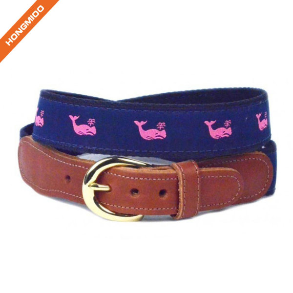 Navy Blue Mens Inlay Ribbon Waist Band Vivid Pattern Split Leather Belts