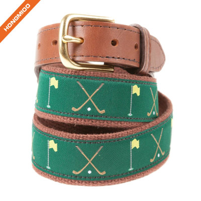 Leisure Style Golf Ribbon Mens Genuine Leather Gold Color Buckle Belts