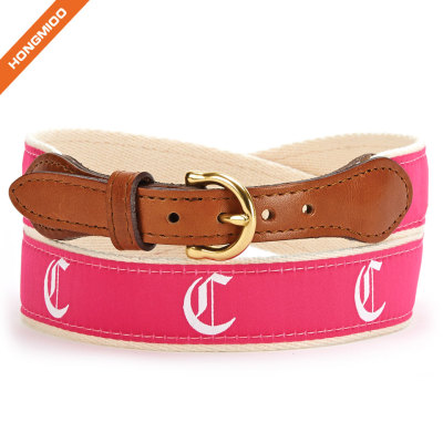 Unisex Split Leather Stitched Strap Single Prong Alloy Buckle Cotton Ribbon Belt