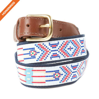 Unisex Split Leather Stitched Strap Single Prong Alloy Buckle Cotton Ribbon Belt
