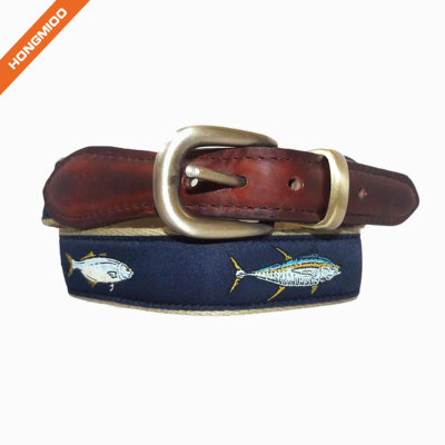 Vivid Fish Pattern Design Retro Split Leather Mens Ribbon Belts