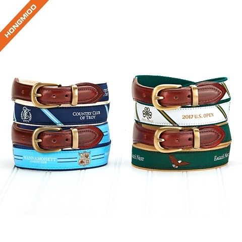 Mens Brown Binding Pure Genuine Leather Ribbon Belts With Single Prong Buckle