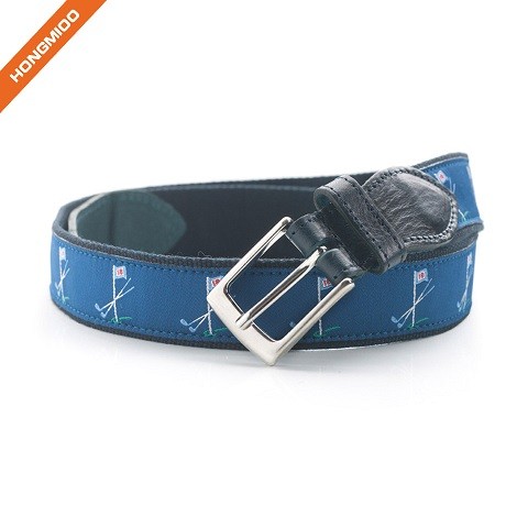 Navy Ribbon Genuine Leather Silver Alloy Buckle Belt With Flags