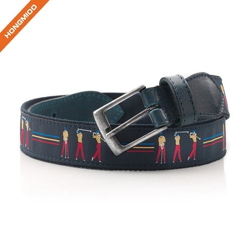 Navy Ribbon Genuine Leather Silver Alloy Buckle Belt With Flags