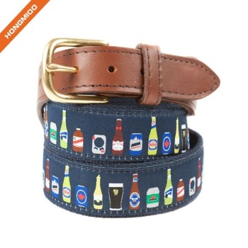 New Design Slogan Bring Your Own Beer Cotton Ribbon Belt With Brown Top Grain Leather Belts