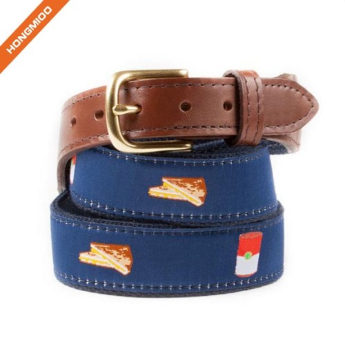 New Design Slogan Bring Your Own Beer Cotton Ribbon Belt With Brown Top Grain Leather Belts