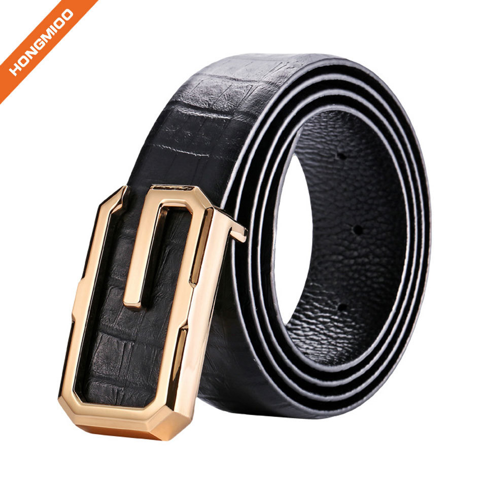 Mens Black Textured Plate Buckle Belt Luxury Top Grain Leather Strap ...