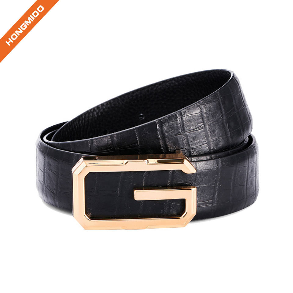 Mens Black Textured Plate Buckle Belt Luxury Top Grain ... gallery