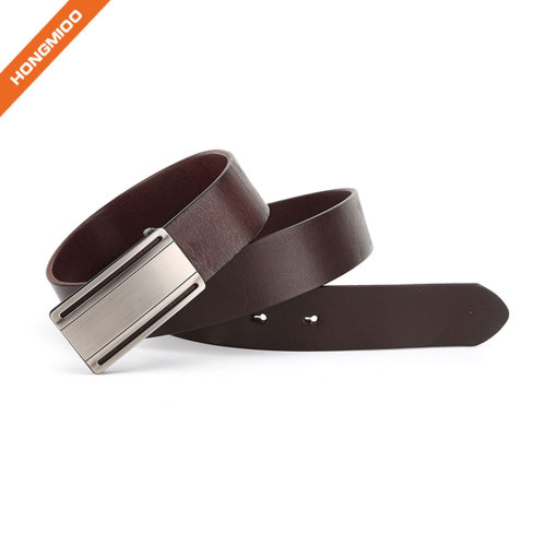 Plain Solid Brown Cowhide Leather Mens Custom Design Plate Pin Buckle Belt