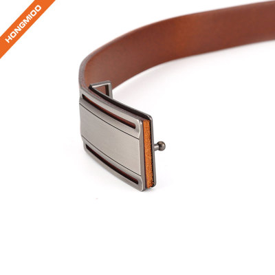Plain Solid Brown Cowhide Leather Mens Custom Design Plate Pin Buckle Belt