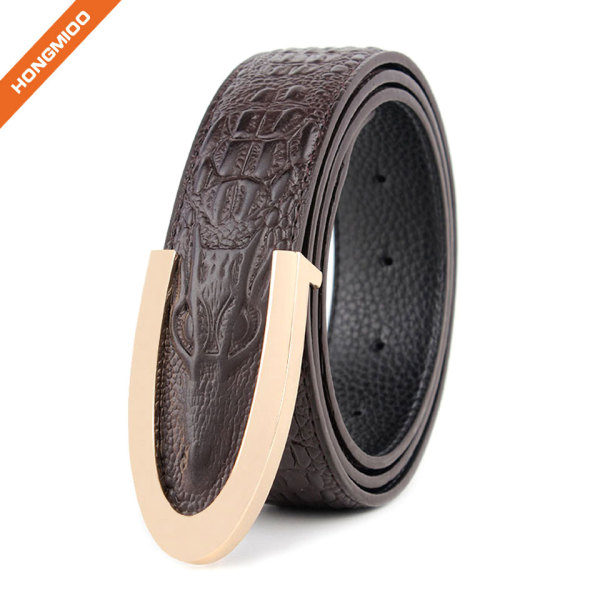 Cowhide Rectangular Solid Leather Mens Embossed Crocodile Belt