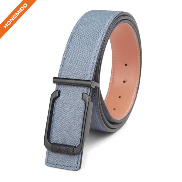 Men's Light Blue Metal Plate Genuine Leather Belt Adjustable Full Grain Leather Strap