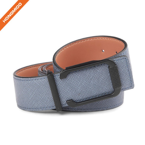 Men's Light Blue Metal Plate Genuine Leather Belt Adjustable Full Grain Leather Strap