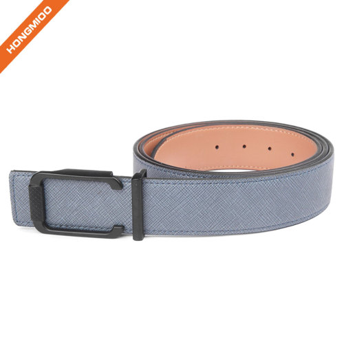 Men's Light Blue Metal Plate Genuine Leather Belt Adjustable Full Grain Leather Strap