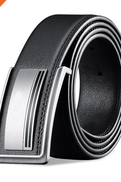 Mens Plain Black Full-Grain Real Leather Belt Durable Plate Buckle