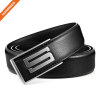 Mens Plain Black Full-Grain Real Leather Belt Durable Plate Buckle