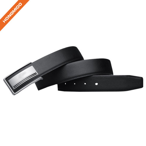 Mens Plain Black Full-Grain Real Leather Belt Durable Plate Buckle