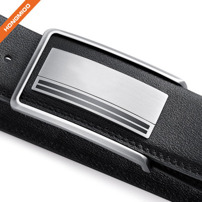 Mens Plain Black Full-Grain Real Leather Belt Durable Plate Buckle