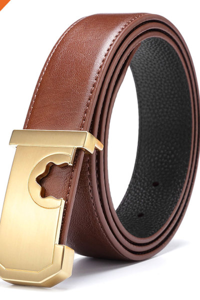 Men's Lines Gold Finish Plate Solid Buckle Genuine Cow Skin Leather Belt