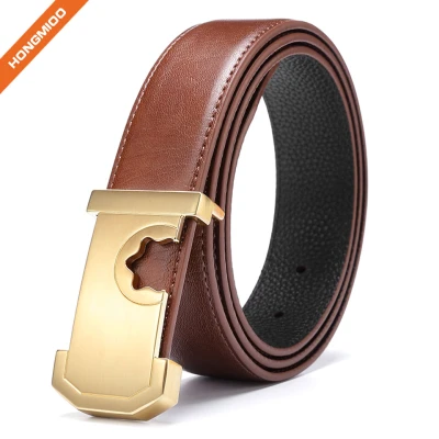 Men's Lines Gold Finish Plate Solid Buckle Genuine Cow Skin Leather Belt