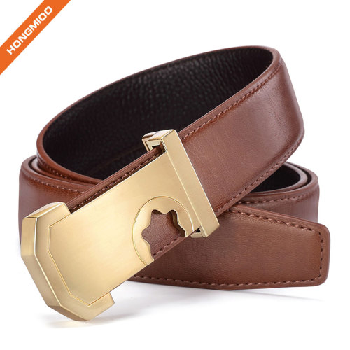 Men's Lines Gold Finish Plate Solid Buckle Genuine Cow Skin Leather Belt