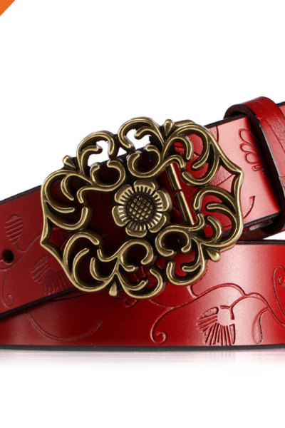 Genuine Leather Belts For Women Cowhide Embossing Design Carving Buckle Plus Size Strap