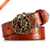 Genuine Leather Belts For Women Cowhide Embossing Design Carving Buckle Plus Size Strap