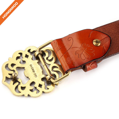 Genuine Leather Belts For Women Cowhide Embossing Design Carving Buckle Plus Size Strap
