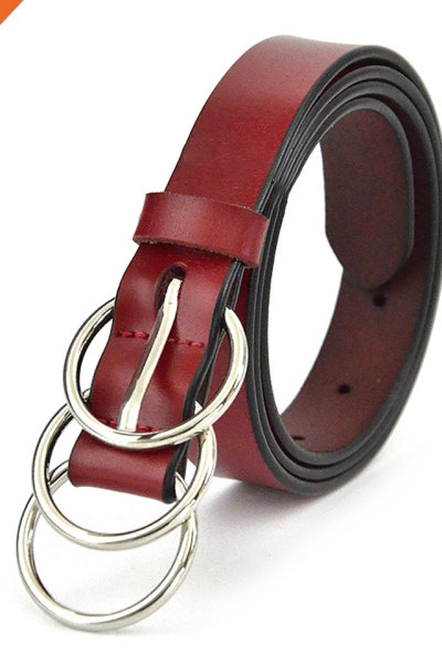 Three-Ring Metal Buckle Strap Lady Skinny Cowhide Genuine Leather Dress Belt