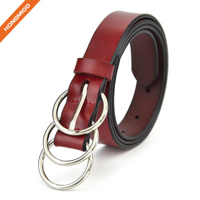 Three-Ring Metal Buckle Strap Lady Skinny Cowhide Genuine Leather Dress Belt