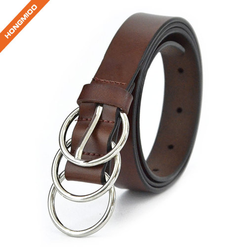 Three-Ring Metal Buckle Strap Lady Skinny Cowhide Genuine Leather Dress Belt
