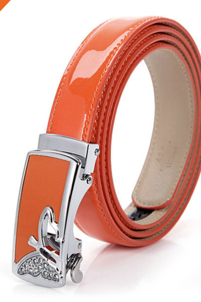 3.3cm Wide Women Shining Color Split Genuine Leather Automatic Ratchet Buckle Belt