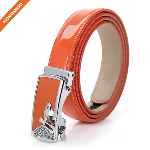 3.3cm Wide Women Shining Color Split Genuine Leather Automatic Ratchet Buckle Belt