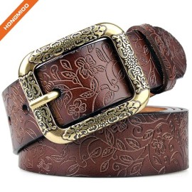 Womens Fashion Vintage Leather Belt With Single Double Flower Buckle