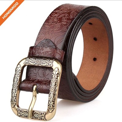 Womens Fashion Vintage Leather Belt With Single Double Flower Buckle