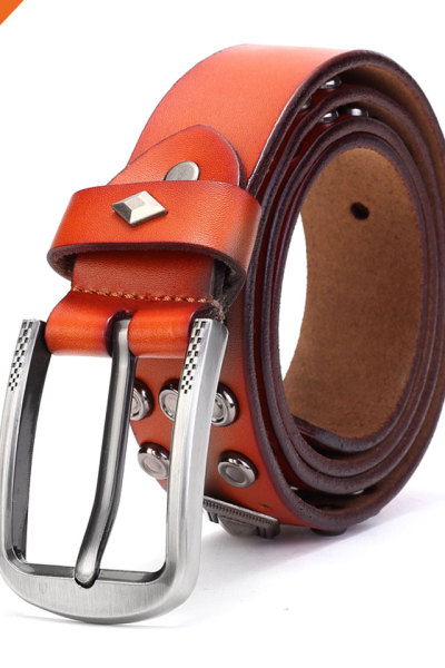 Middle Ages Retro Design Cowhide Leather Rivet Belt With Metal Pin Buckle