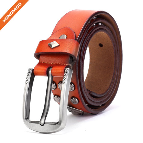 Middle Ages Retro Design Cowhide Leather Rivet Belt With Metal Prong Buckle