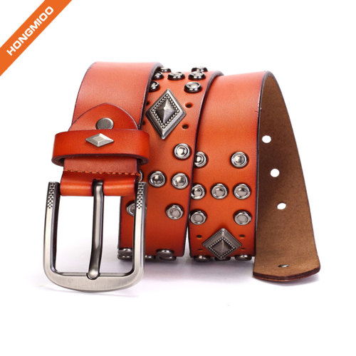 Middle Ages Retro Design Cowhide Leather Rivet Belt With Metal Pin Buckle