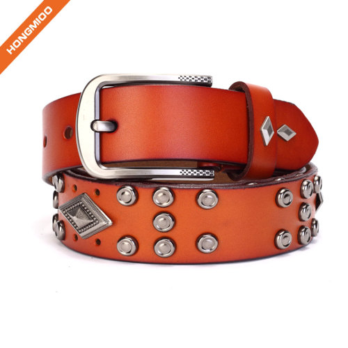 Middle Ages Retro Design Cowhide Leather Rivet Belt With Metal Prong Buckle