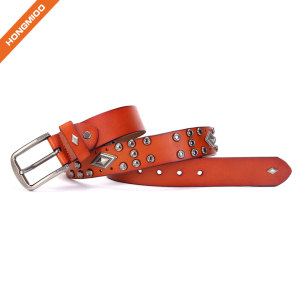 Middle Ages Retro Design Cowhide Leather Rivet Belt With Metal Prong Buckle