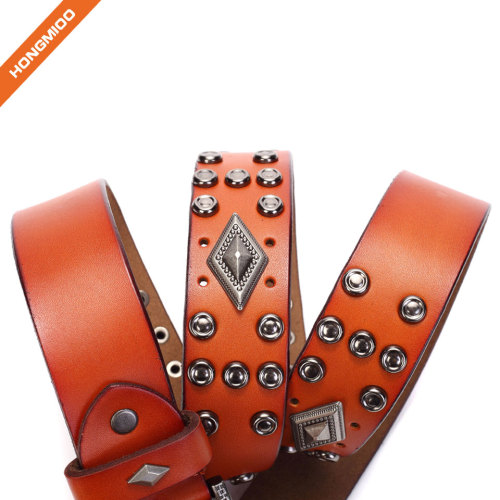 Middle Ages Retro Design Cowhide Leather Rivet Belt With Metal Prong Buckle